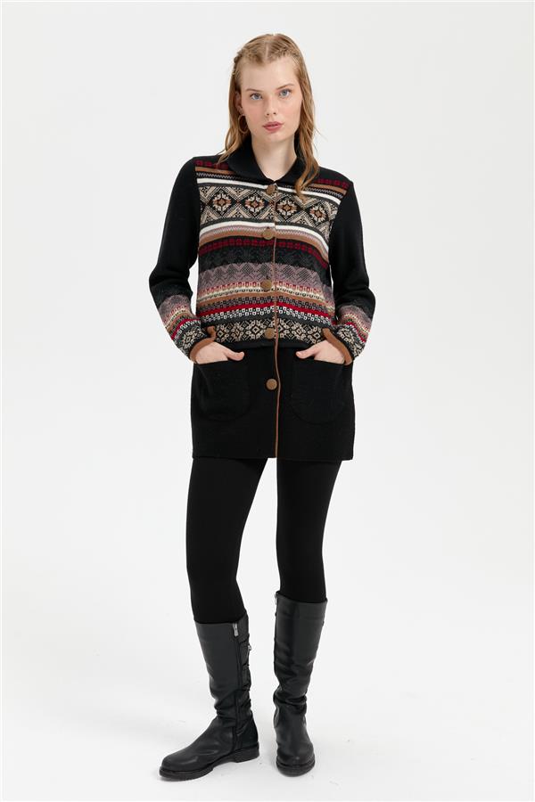 Kadın Polo Yaka Eteği Keçeli Araboy Yün Kaban Siyah