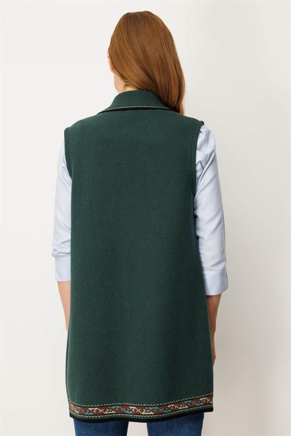 Kadın Polo Yaka Etek Ucu Kilim Desenli Uzun Yün Yelek Yeşil
