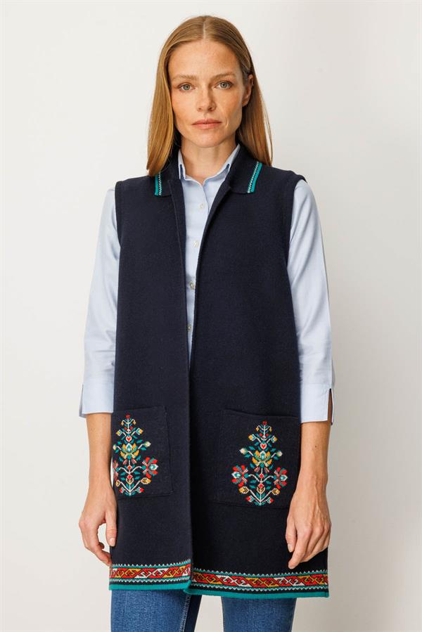 Kadın Polo Yaka Etek Ucu Kilim Desenli Uzun Yün Yelek K.Lacivert