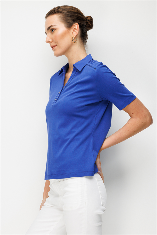 Kadın Polo Yaka İğne İşlemeli Pamuklu Penye T-shirt Sax