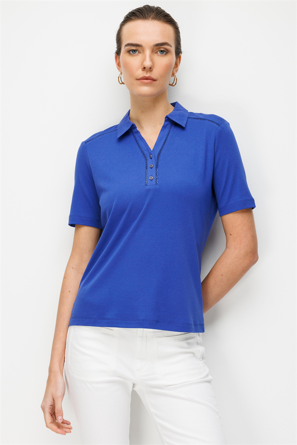 Kadın Polo Yaka İğne İşlemeli Pamuklu Penye T-shirt Sax