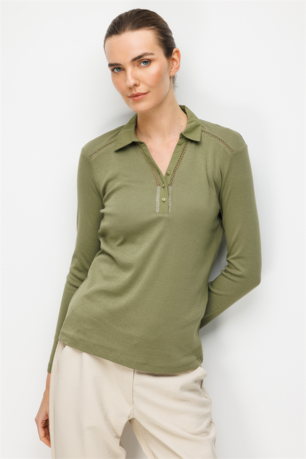 Kadın Polo Yaka İğne İşlemeli Pamuklu Penye Bluz Haki