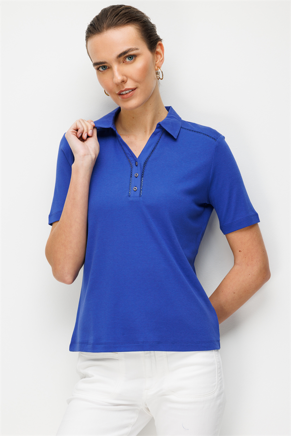 Kadın Polo Yaka İğne İşlemeli Pamuklu Penye T-shirt Sax