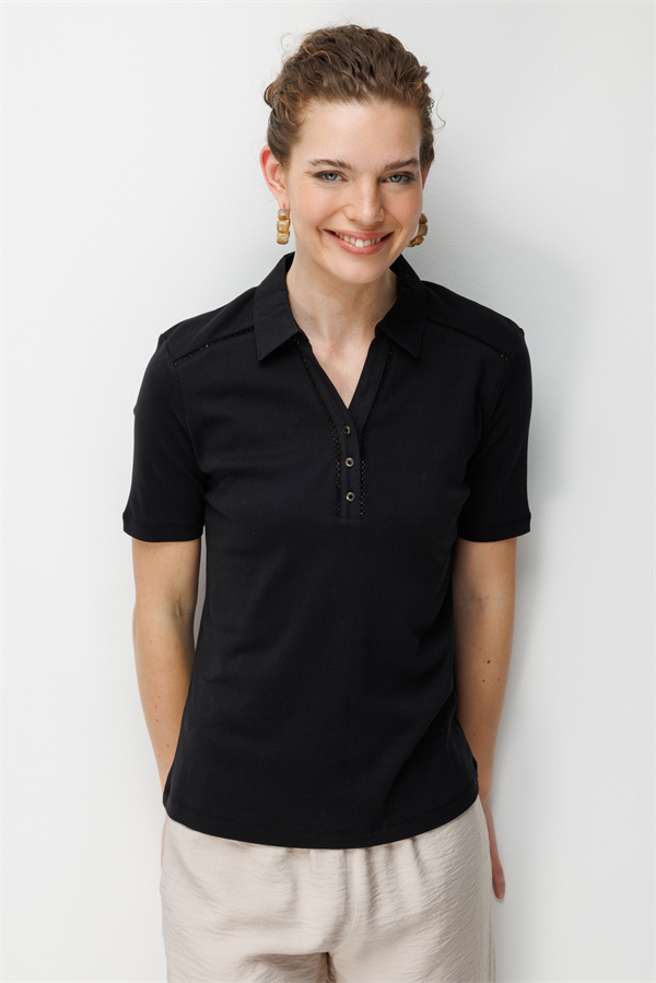 Kadın Polo Yaka İğne İşlemeli Pamuklu Penye T-shirt Siyah