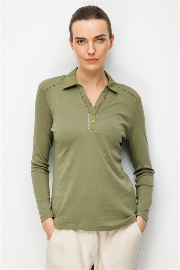 Kadın Polo Yaka İğne İşlemeli Pamuklu Penye Bluz Haki