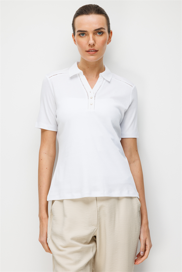 Kadın Polo Yaka İğne İşlemeli Pamuklu Penye T-shirt Ekru