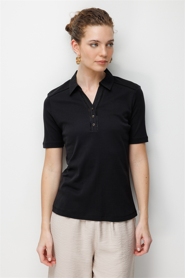 Kadın Polo Yaka İğne İşlemeli Pamuklu Penye T-shirt Siyah