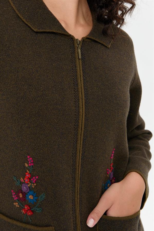 Kadın Polo Yaka İşlemeli Kısa Yün Hırka A.Yeşil