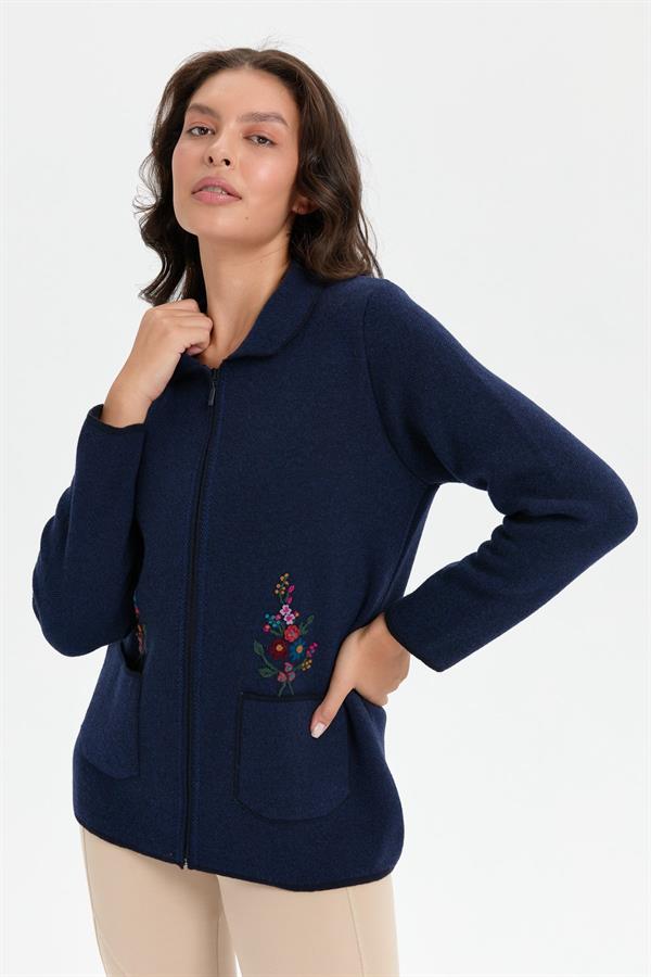Kadın Polo Yaka İşlemeli Kısa Yün Hırka K.Lacivert