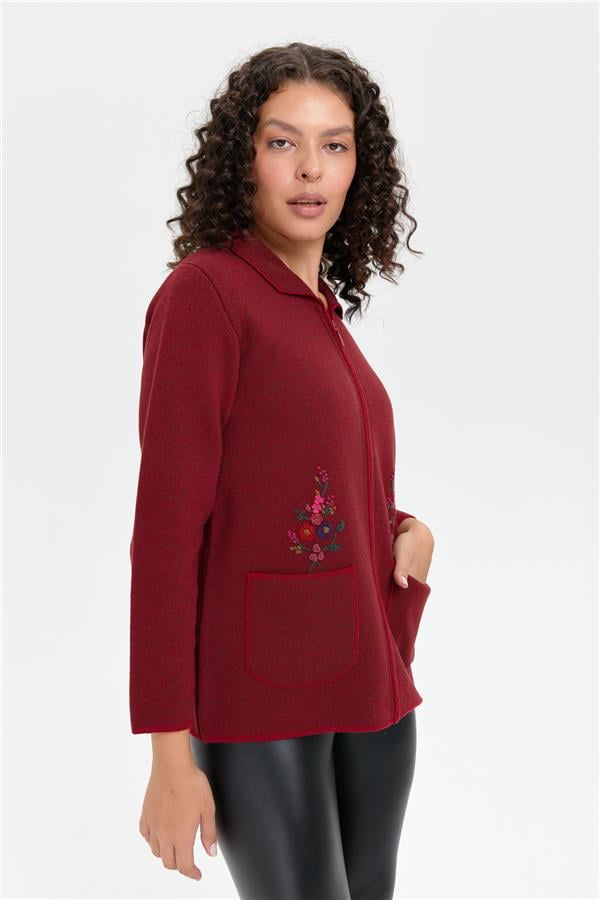 Kadın Polo Yaka İşlemeli Kısa Yün Hırka V.Kırmızı