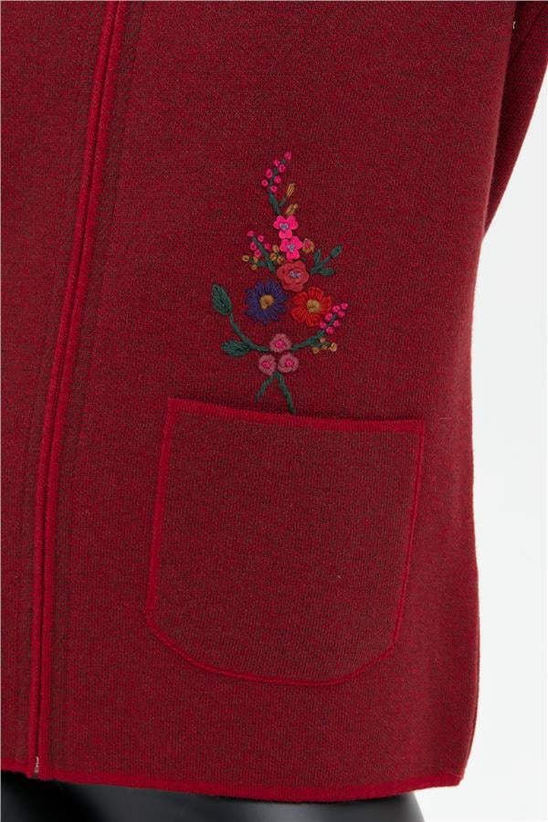 Kadın Polo Yaka İşlemeli Kısa Yün Hırka V.Kırmızı