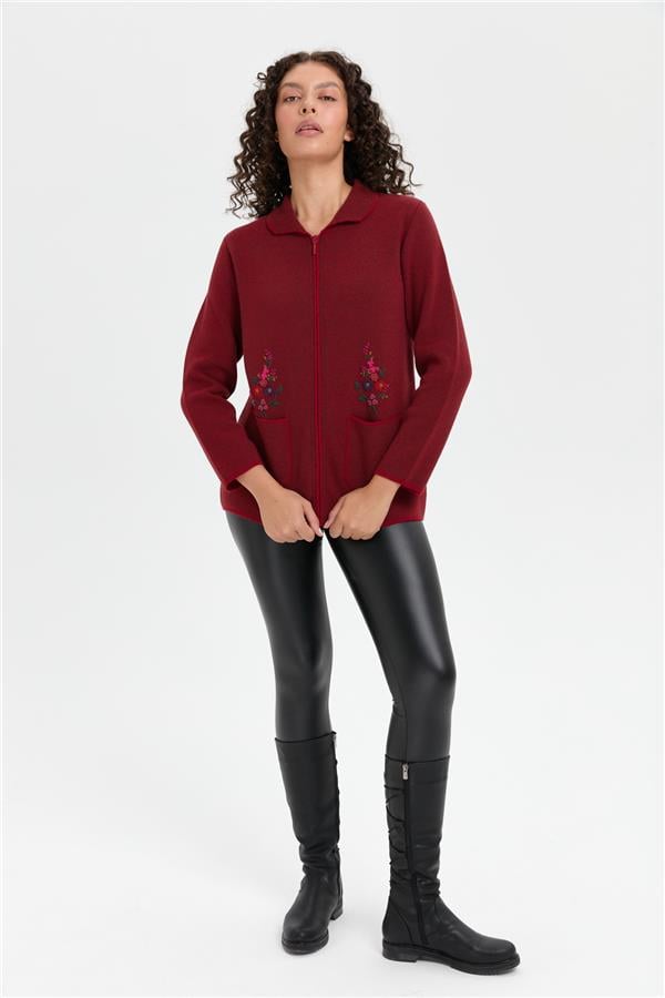 Kadın Polo Yaka İşlemeli Kısa Yün Hırka V.Kırmızı