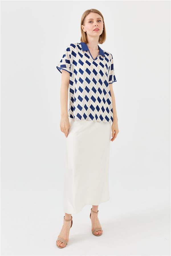 Womens Polo Neck Square Patterned T-shirt Navy Blue