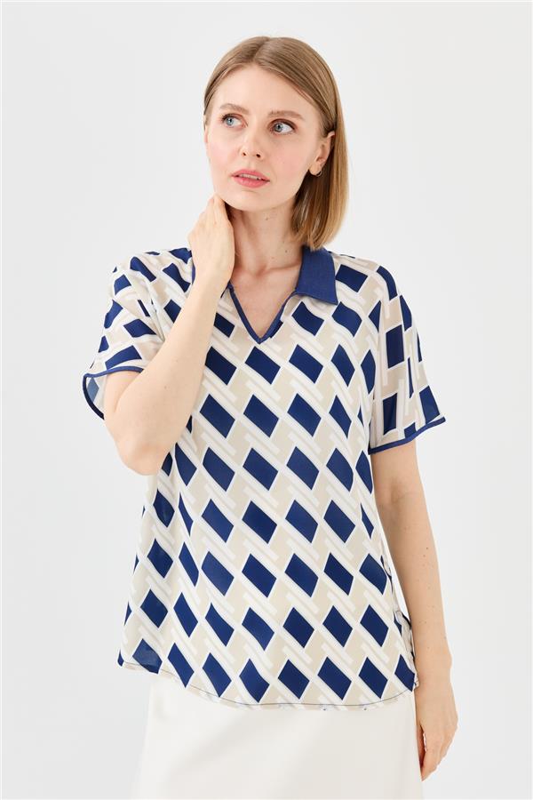 Womens Polo Neck Square Patterned T-shirt Navy Blue