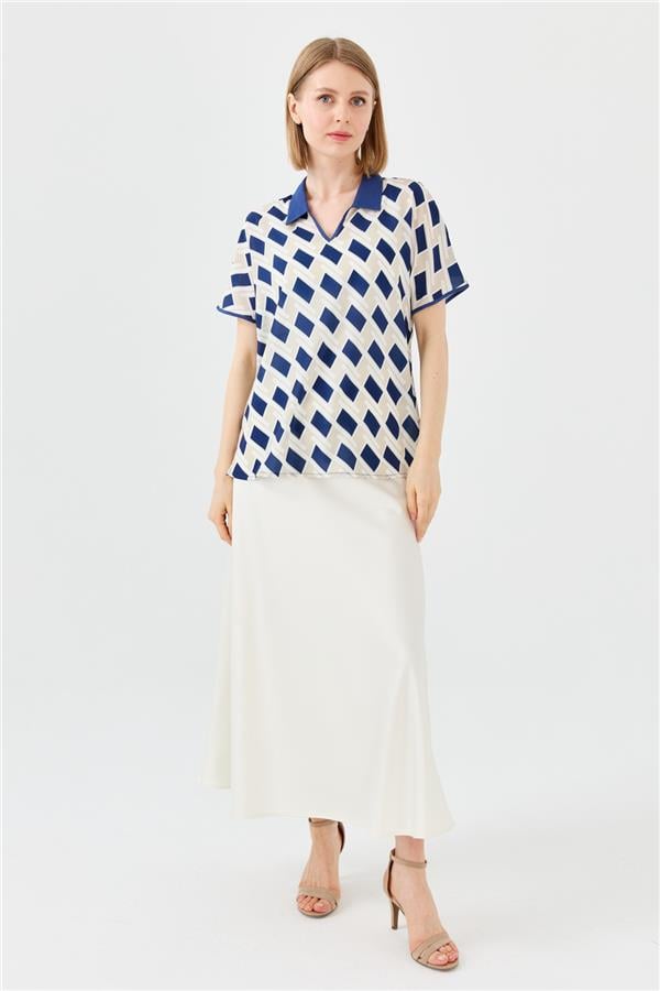 Womens Polo Neck Square Patterned T-shirt Navy Blue