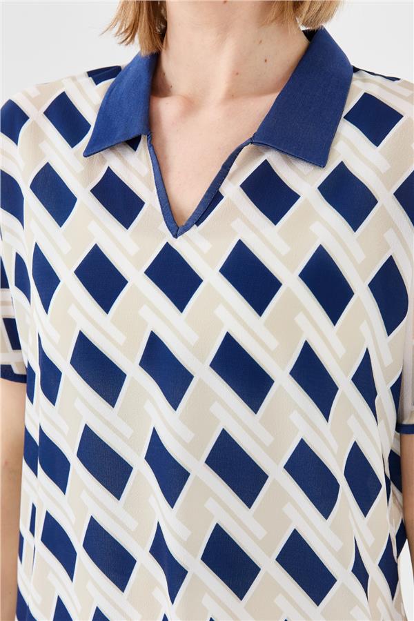 Womens Polo Neck Square Patterned T-shirt Navy Blue