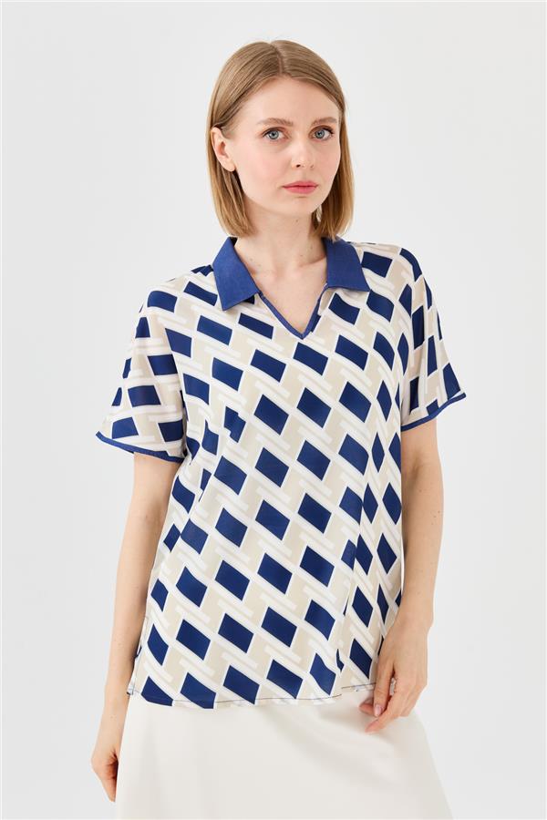 Womens Polo Neck Square Patterned T-shirt Navy Blue