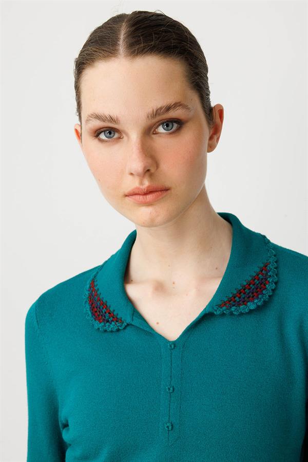 Kadın Polo Yaka Likralı Pamuklu Bluz A.Ö.Başı