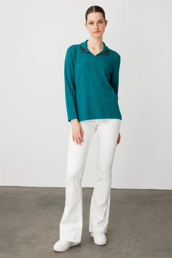 Kadın Polo Yaka Likralı Pamuklu Bluz A.Ö.Başı