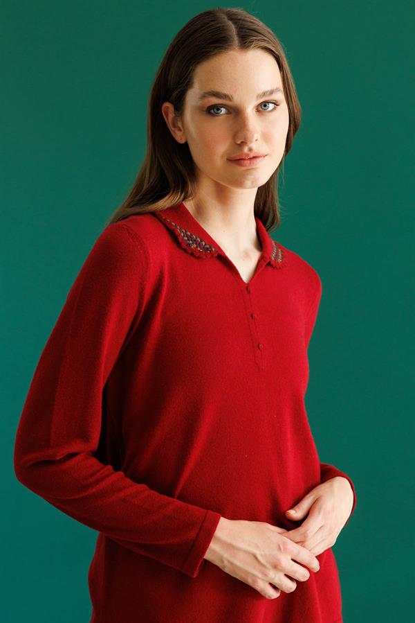 Kadın Polo Yaka Likralı Pamuklu Bluz K.Kırmızı