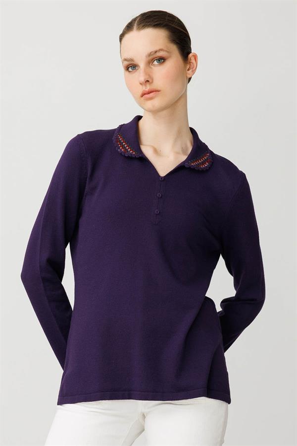 Kadın Polo Yaka Likralı Pamuklu Bluz K.Mor