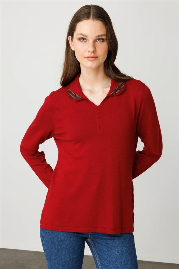 Kadın Polo Yaka Likralı Pamuklu Bluz K.Kırmızı