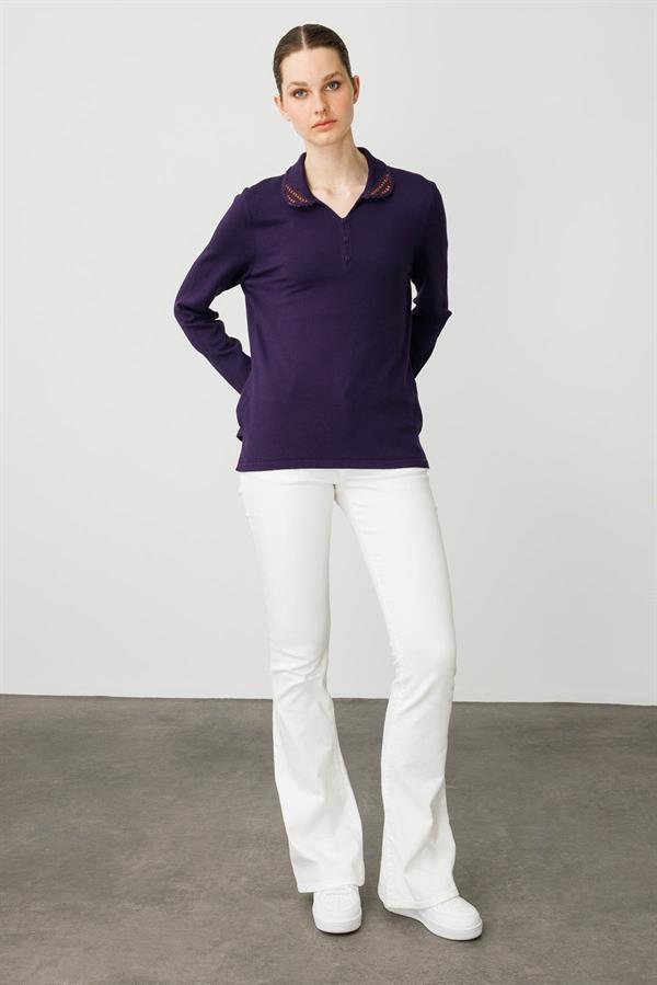 Kadın Polo Yaka Likralı Pamuklu Bluz K.Mor