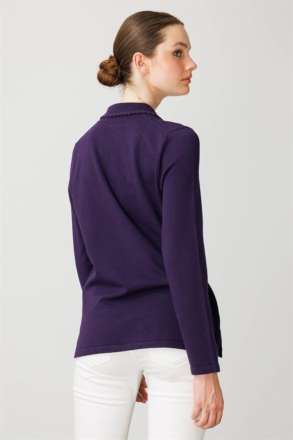 Kadın Polo Yaka Likralı Pamuklu Bluz K.Mor