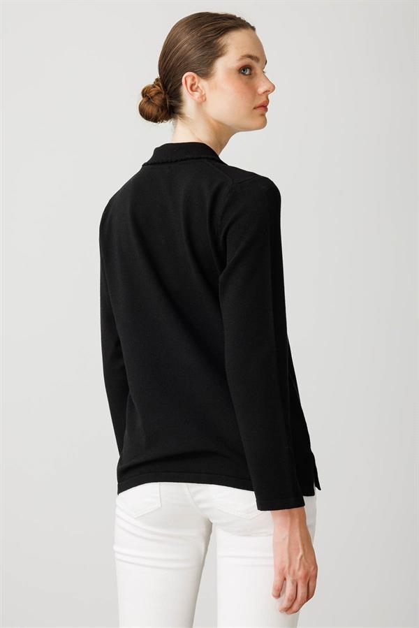 Kadın Polo Yaka Likralı Pamuklu Bluz Siyah