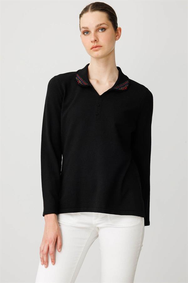 Kadın Polo Yaka Likralı Pamuklu Bluz Siyah
