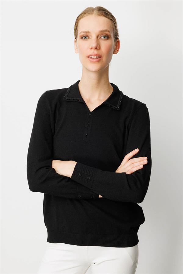 Kadın Polo Yaka Nakış İşlemeli Ligralı Bluz Siyah