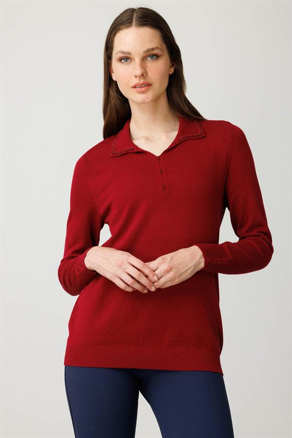 Kadın Polo Yaka Nakış İşlemeli Ligralı Bluz Vişne