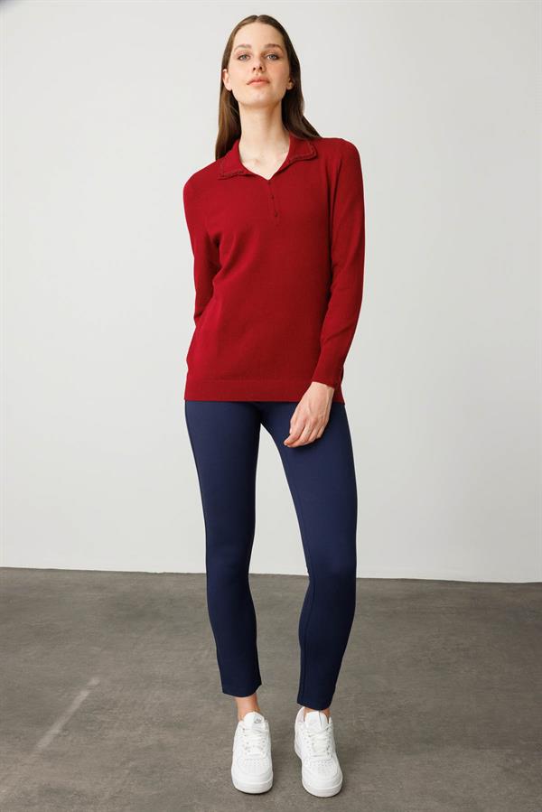 Kadın Polo Yaka Nakış İşlemeli Ligralı Bluz Vişne