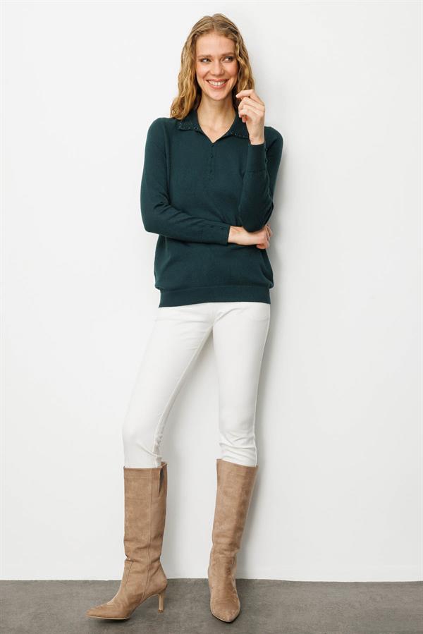 Kadın Polo Yaka Nakış İşlemeli Ligralı Bluz Yeşil