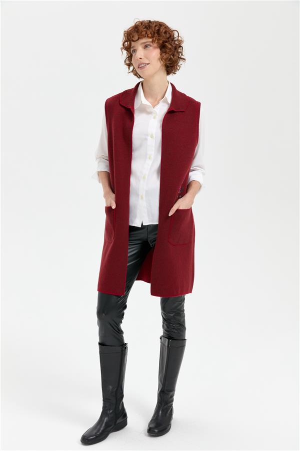 Kadın Polo Yaka Önü Açık İşlemeli Uzun Yün Yelek V.Kırmızı