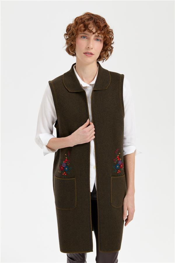 Kadın Polo Yaka Önü Açık İşlemeli Uzun Yün Yelek A.Yeşil