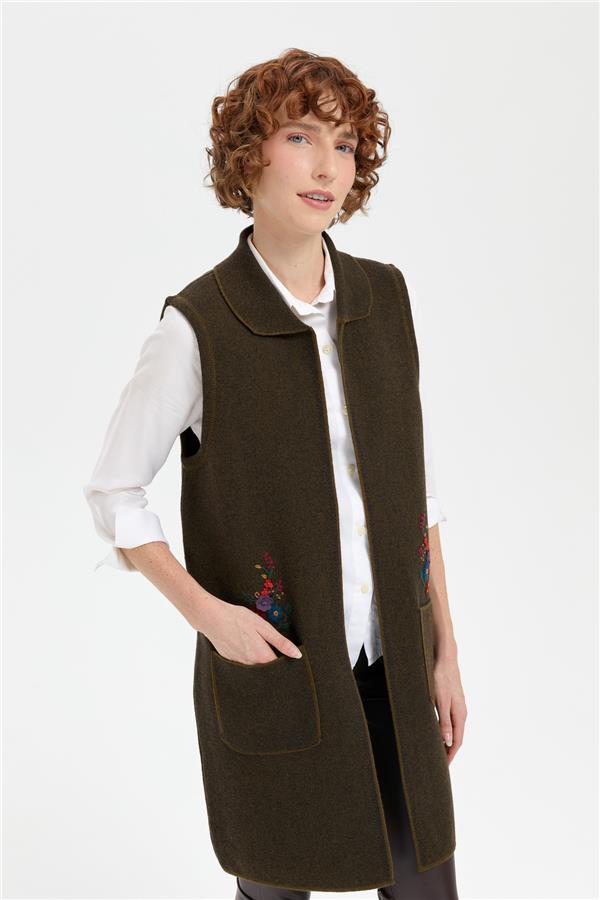 Kadın Polo Yaka Önü Açık İşlemeli Uzun Yün Yelek A.Yeşil