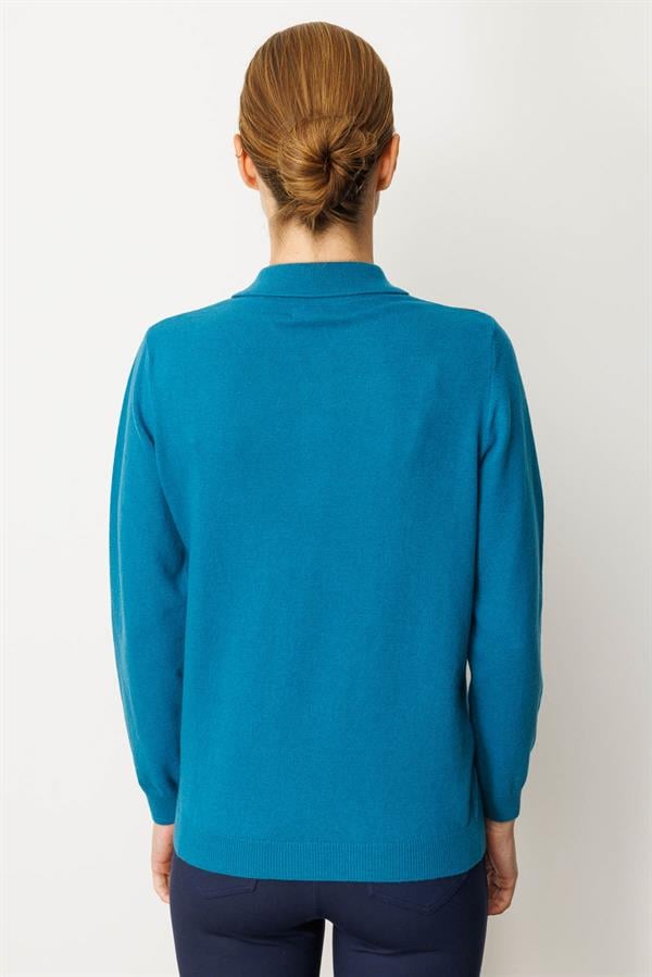 Kadın Polo Yaka Önü Baklavalı Yün Kazak A.Petrol