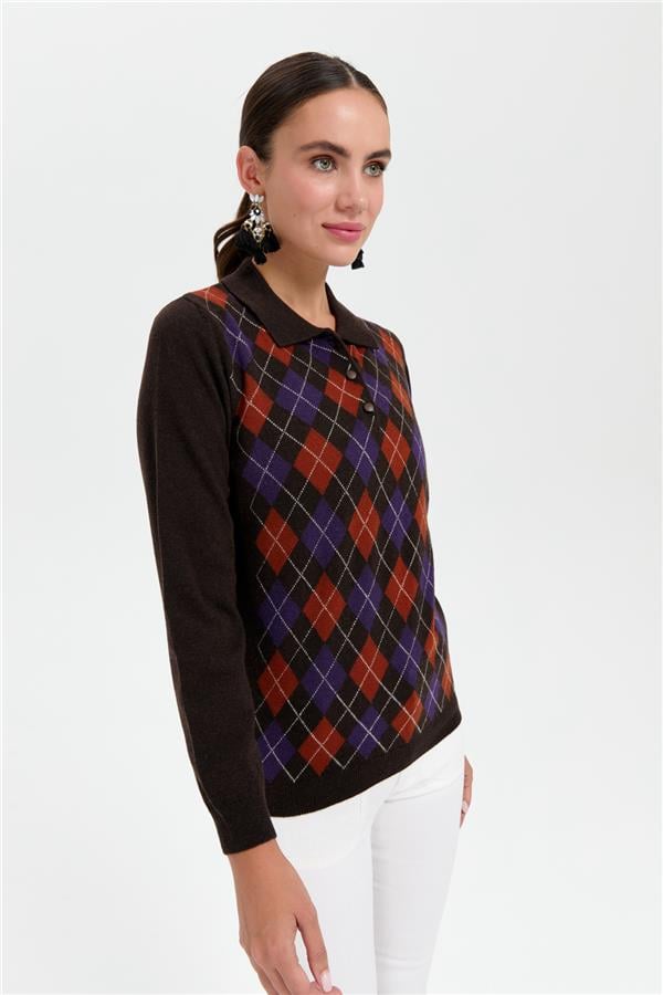 Kadın Polo Yaka Önü Baklavalı Yün Kazak K.Kahve