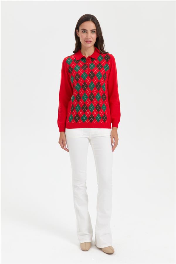 Kadın Polo Yaka Önü Baklavalı Yün Kazak Mercan