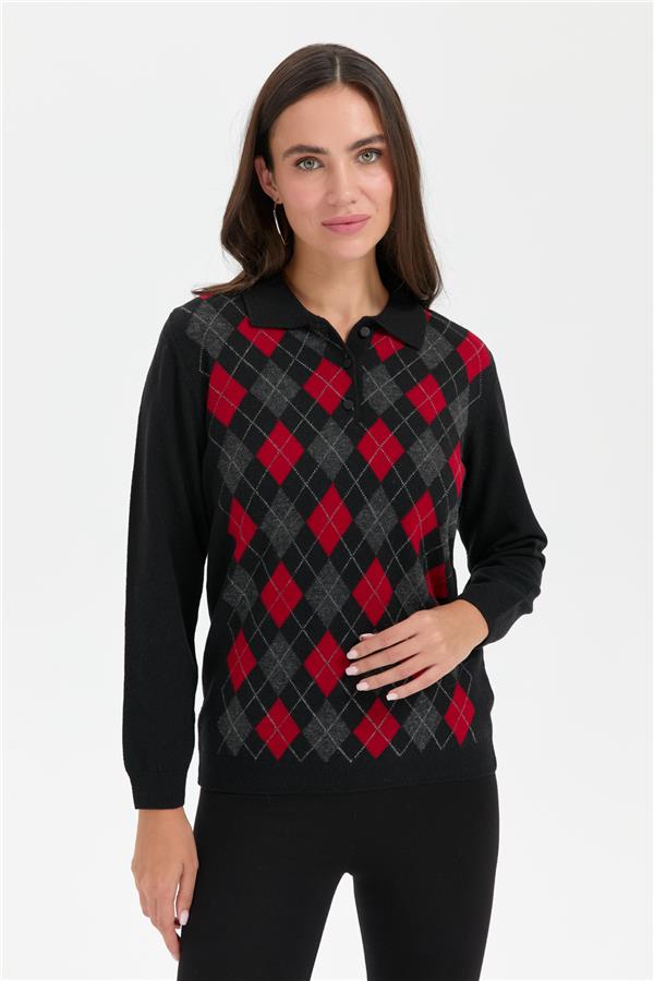 Kadın Polo Yaka Önü Baklavalı Yün Kazak Siyah