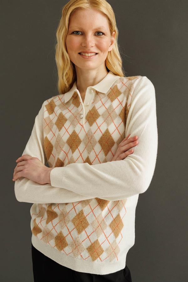 Kadın Polo Yaka Önü Baklavalı Yün Kazak Kemik