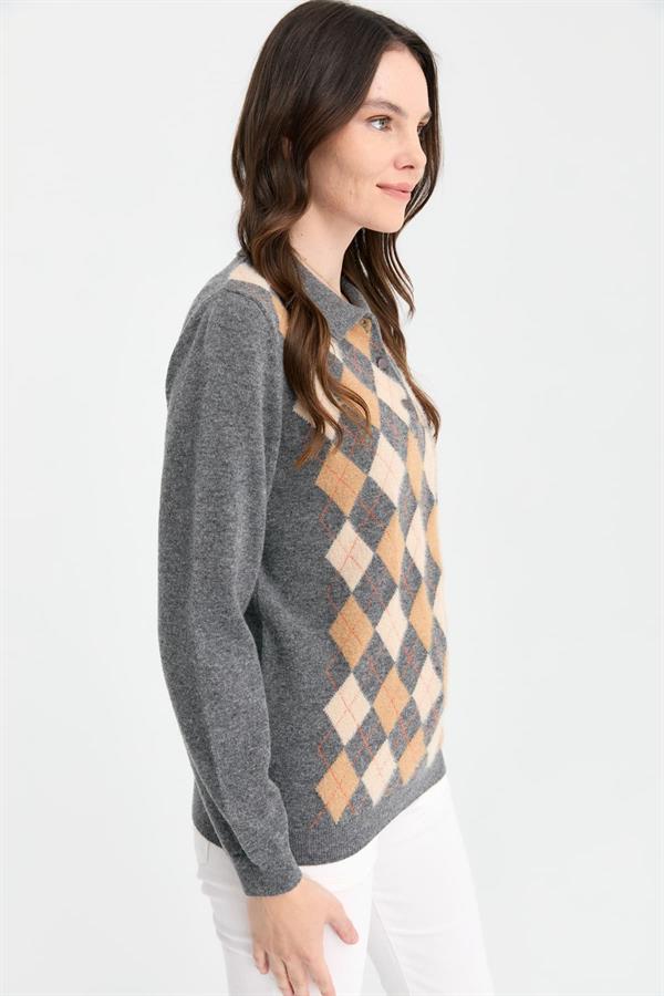 Kadın Polo Yaka Önü Baklavalı Yün Kazak Füme