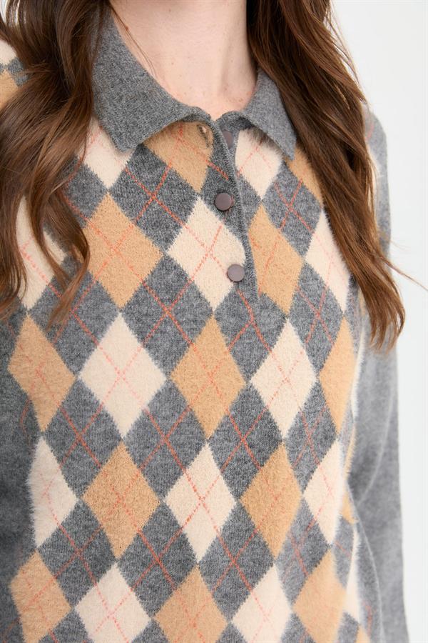 Kadın Polo Yaka Önü Baklavalı Yün Kazak Füme