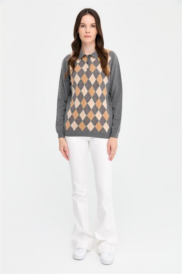 Kadın Polo Yaka Önü Baklavalı Yün Kazak Füme