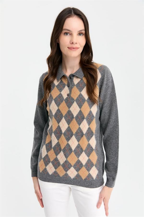 Kadın Polo Yaka Önü Baklavalı Yün Kazak Füme