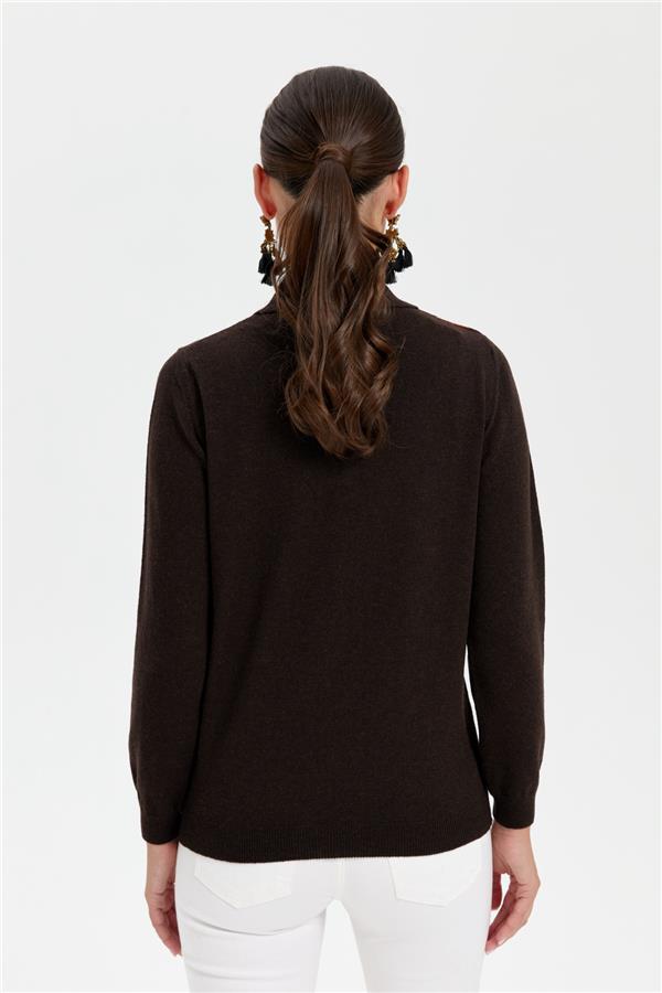 Kadın Polo Yaka Önü Baklavalı Yün Kazak K.Kahve