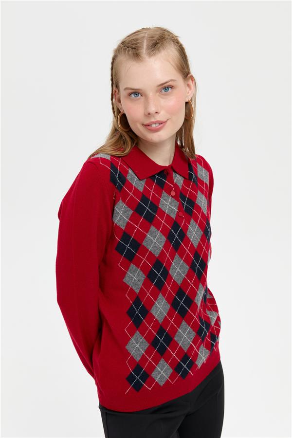 Kadın Polo Yaka Önü Baklavalı Yün Kazak K.Kırmızı