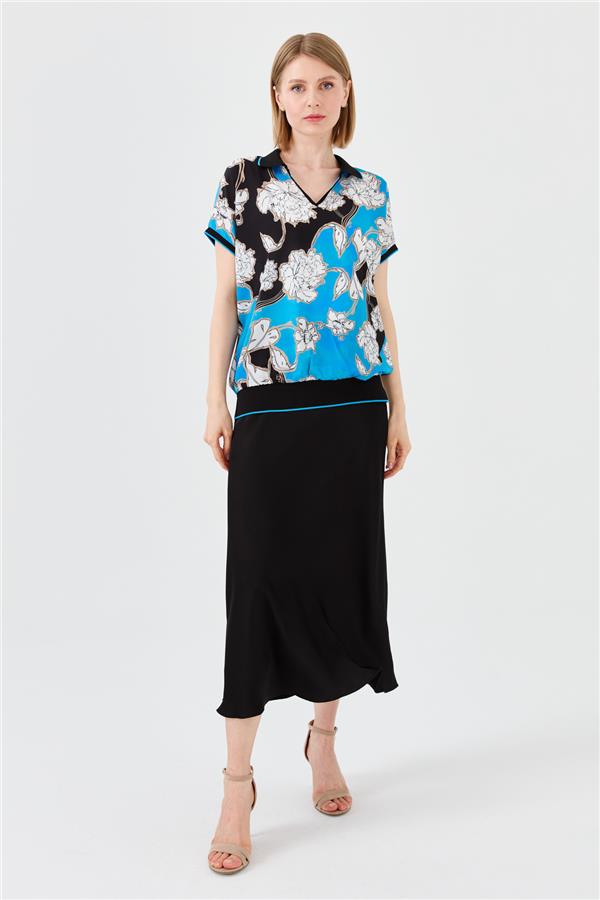 Womens Polo Neck Colored Patterned Blouse S.Blue