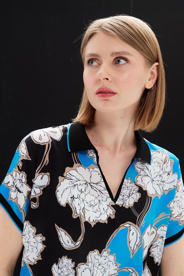 Womens Polo Neck Colored Patterned Blouse S.Blue